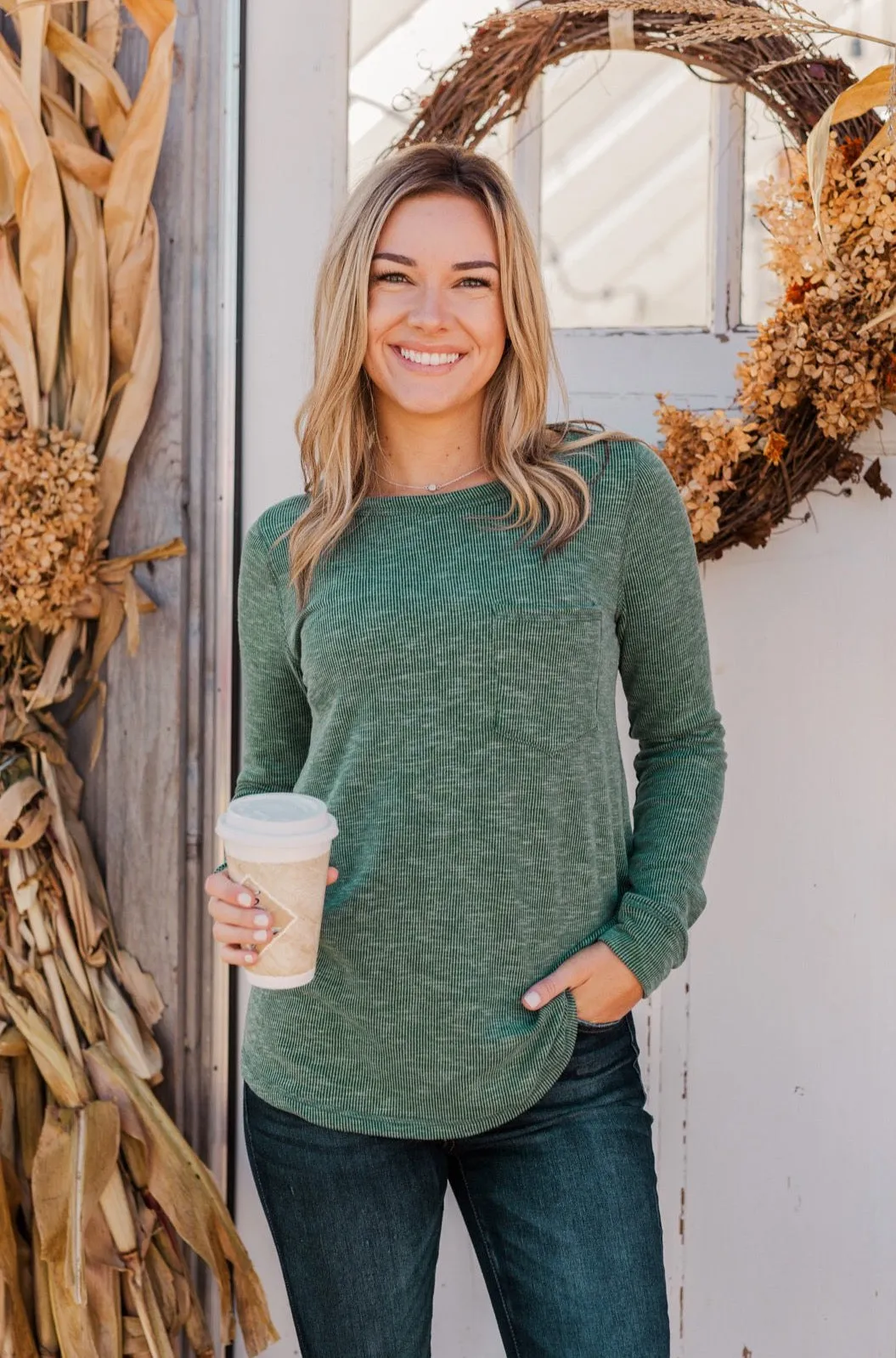 Harvest Happenings Knit Pocket Top- Forest Green