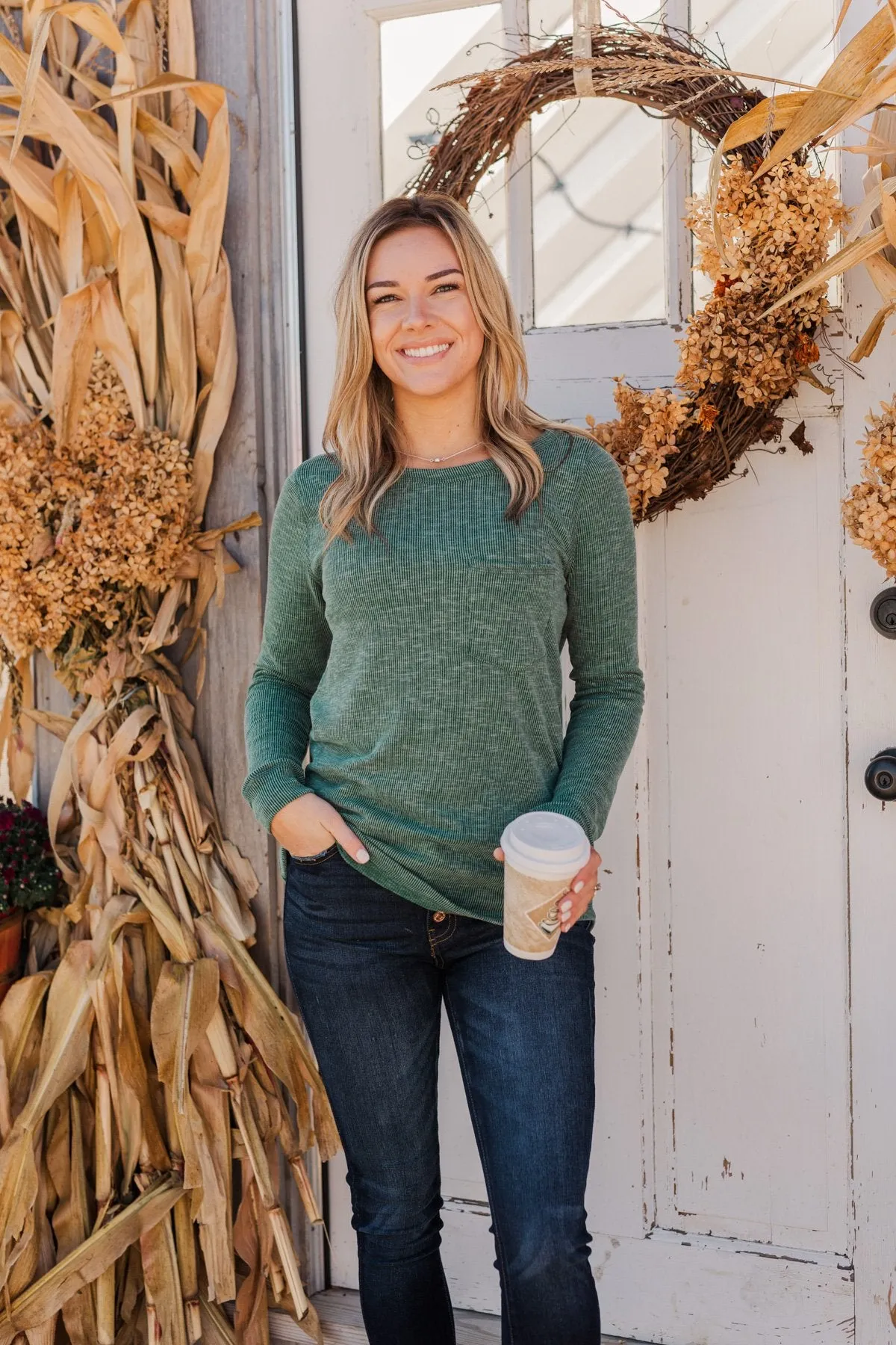 Harvest Happenings Knit Pocket Top- Forest Green