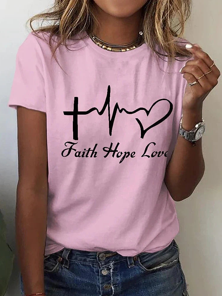 Heart Letter Print Women's Cotton Tee with Short Sleeves