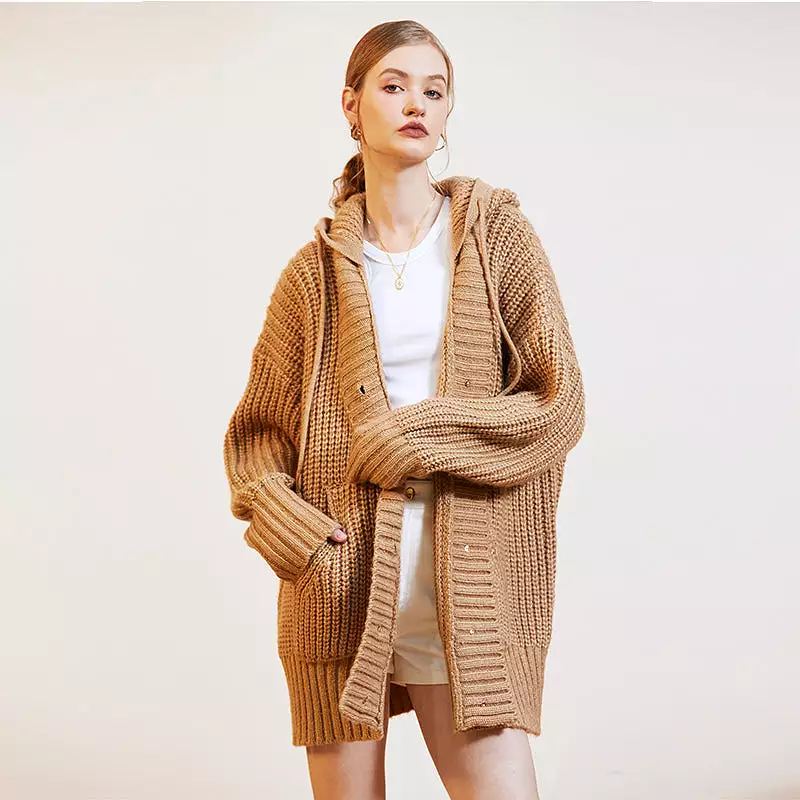 Heavy Thick Waxy Hooded Knitted Jacket Women's Attractive Classic Sweater 2024 New