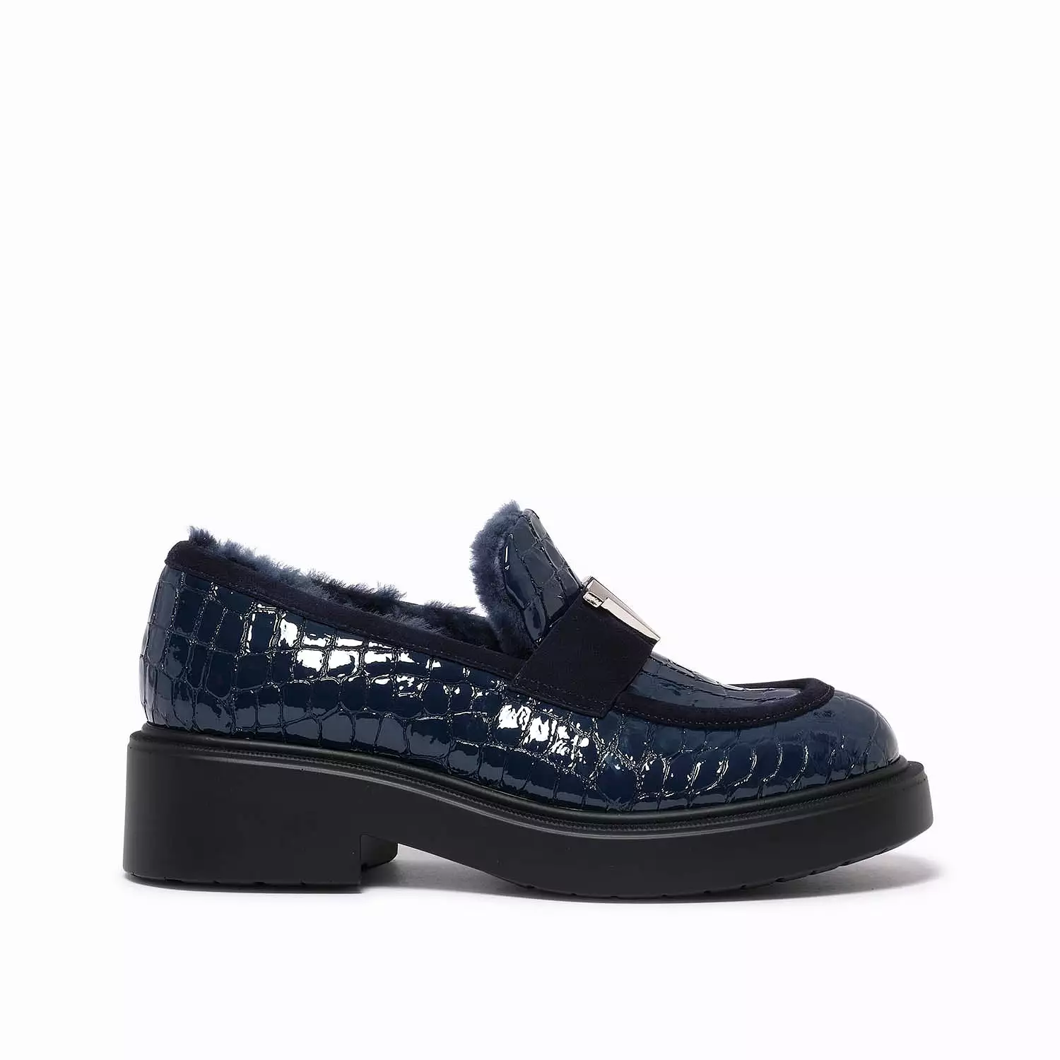 Hostilia | Women's crocodile print patent leather moccasin with fur