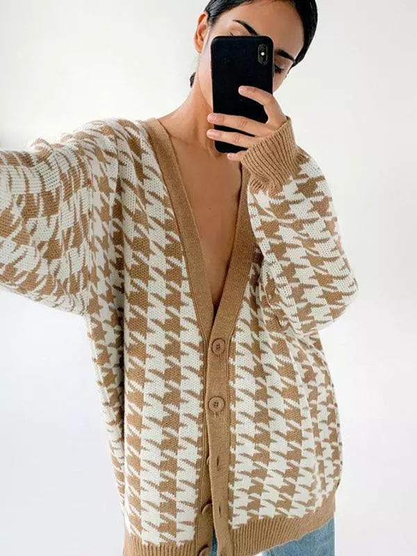 Houndstooth Knitted Women Cardigan Sweater