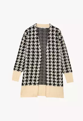 Houndstooth Pattern Ribbed Details Open Winter Cardigan