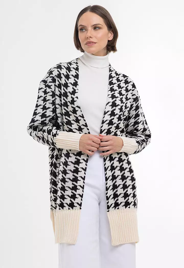 Houndstooth Pattern Ribbed Details Open Winter Cardigan