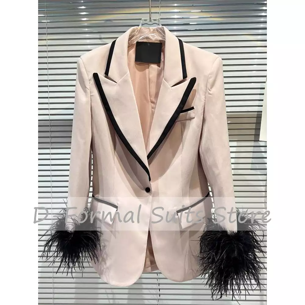 Jacket Women's Color Matching Fashion Feather Decoration Dress Luxury Custom 1 Button Blazer New in Outerwears Womens Clothing