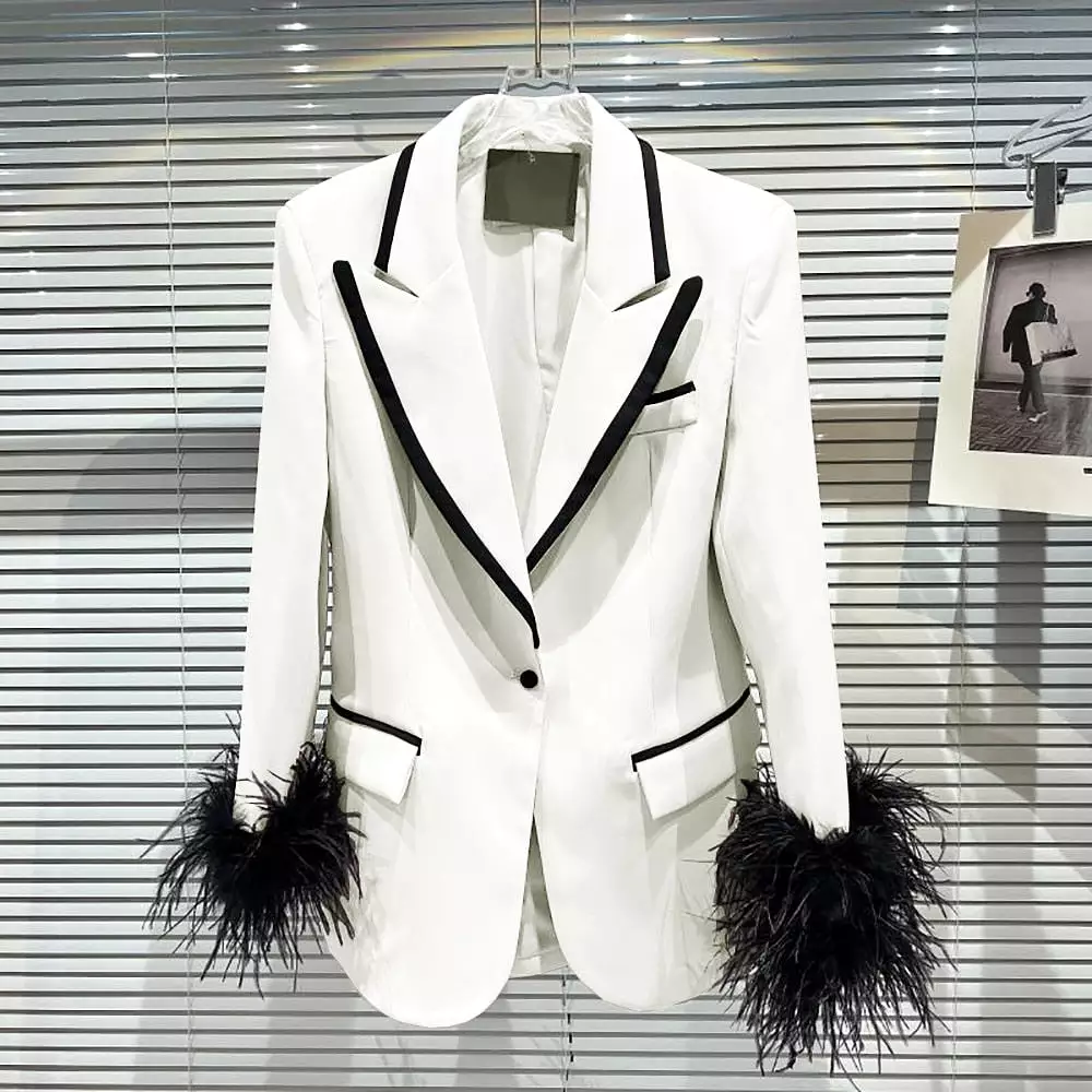 Jacket Women's Color Matching Fashion Feather Decoration Dress Luxury Custom 1 Button Blazer New in Outerwears Womens Clothing