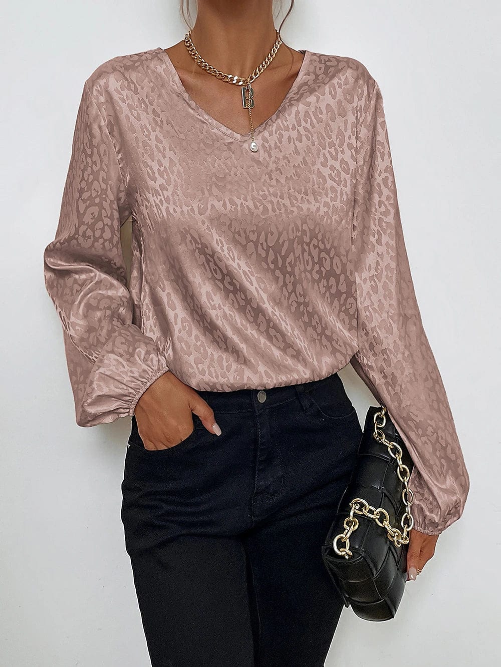 Leopard Print Sparkly Long Sleeve Women's Blouse