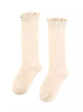 Little Stocking Co. - Vanilla Fancy Lace Top Knee High Socks