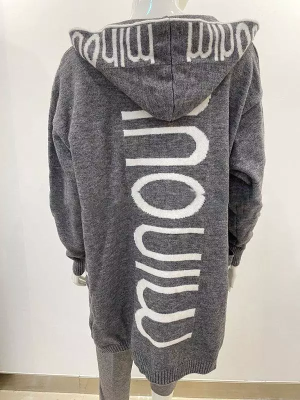 Long Hooded Letter Print Women Cardigan