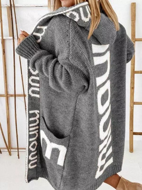 Long Hooded Letter Print Women Cardigan