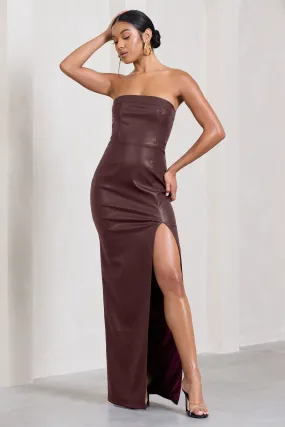 Marlene | Burgundy Faux Leather Strapless Bandeau Split Maxi Dress