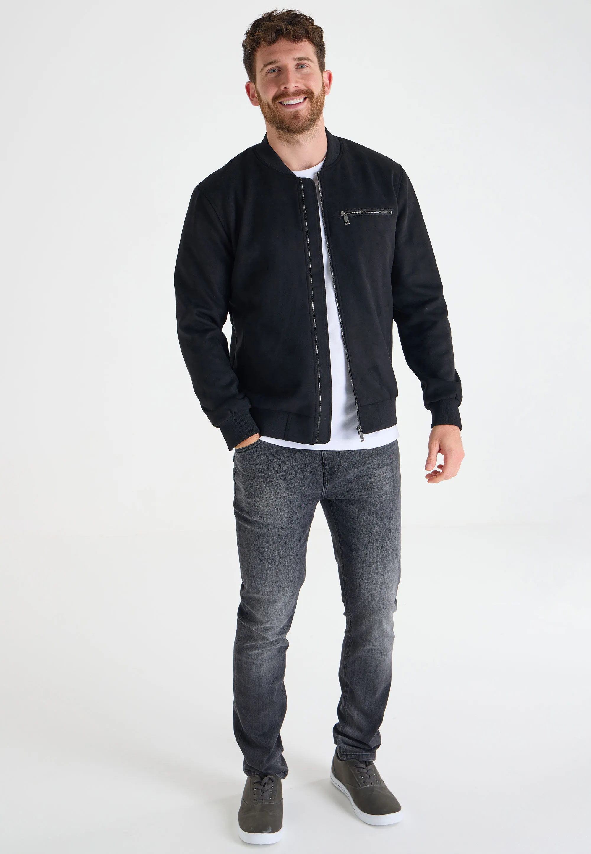 Mens Black Suedette Bomber Jacket