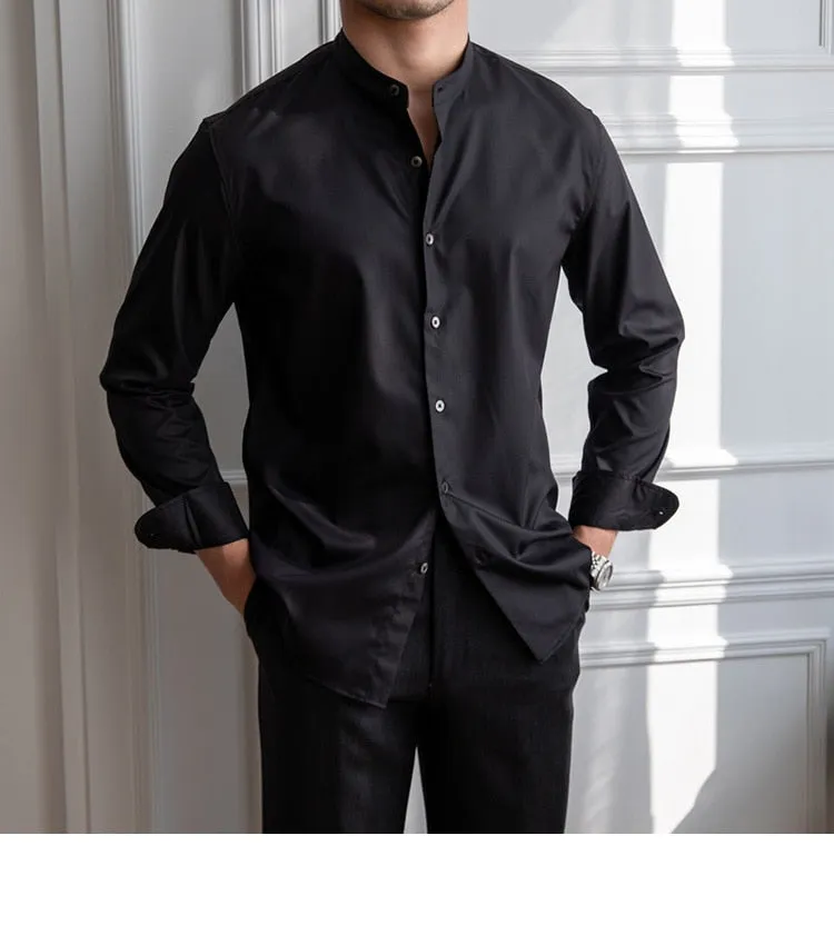 Men's Casual Polyester Solid Pattern Stand Collar Long Sleeve Shirt