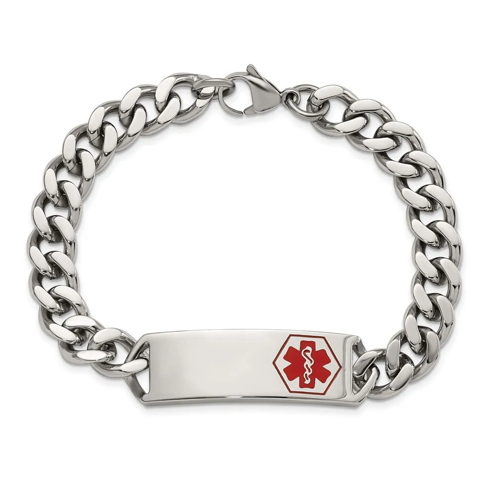 Men's Stainless Steel Red Enamel Medical I.D. Curb Bracelet, 8 Inch