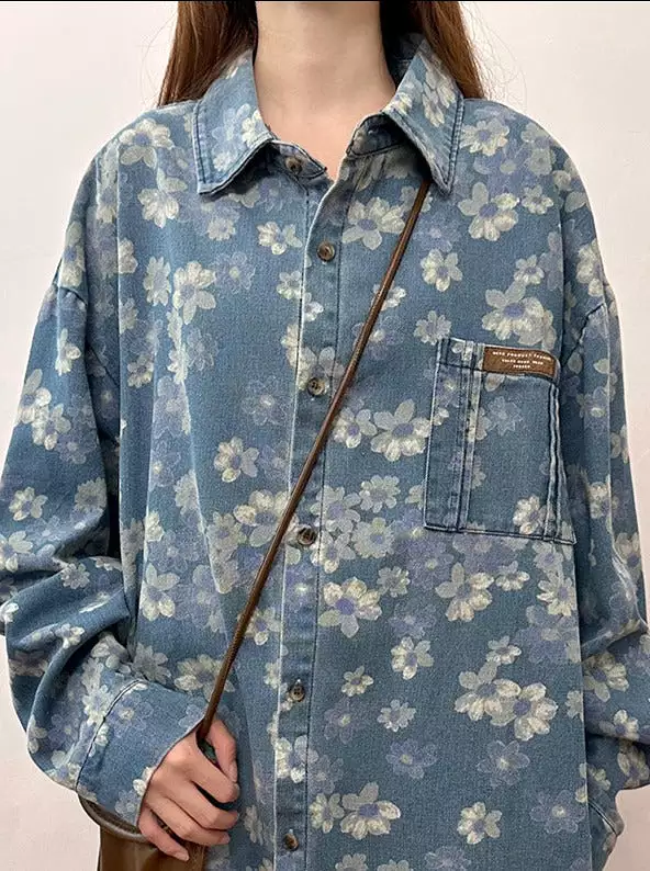 New spring American retro floral denim shirt women's long-sleeved loose versatile casual jacket trendy