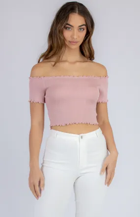 Off The Shoulder Ribbed Knit Crop with Lettuce Edge (SKN401)