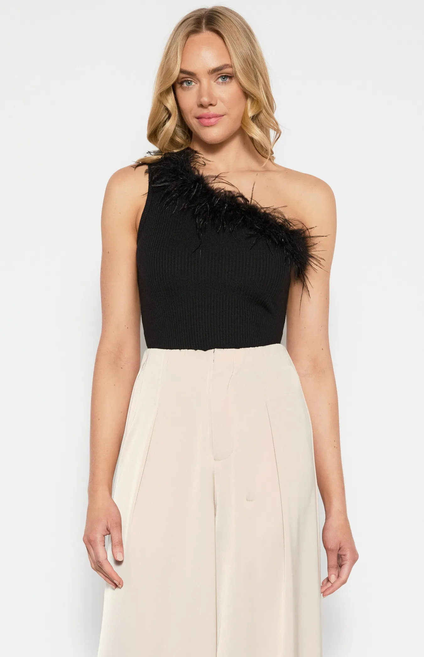 One Shoulder Feather Trim Neckline Knit Top (WKN639)