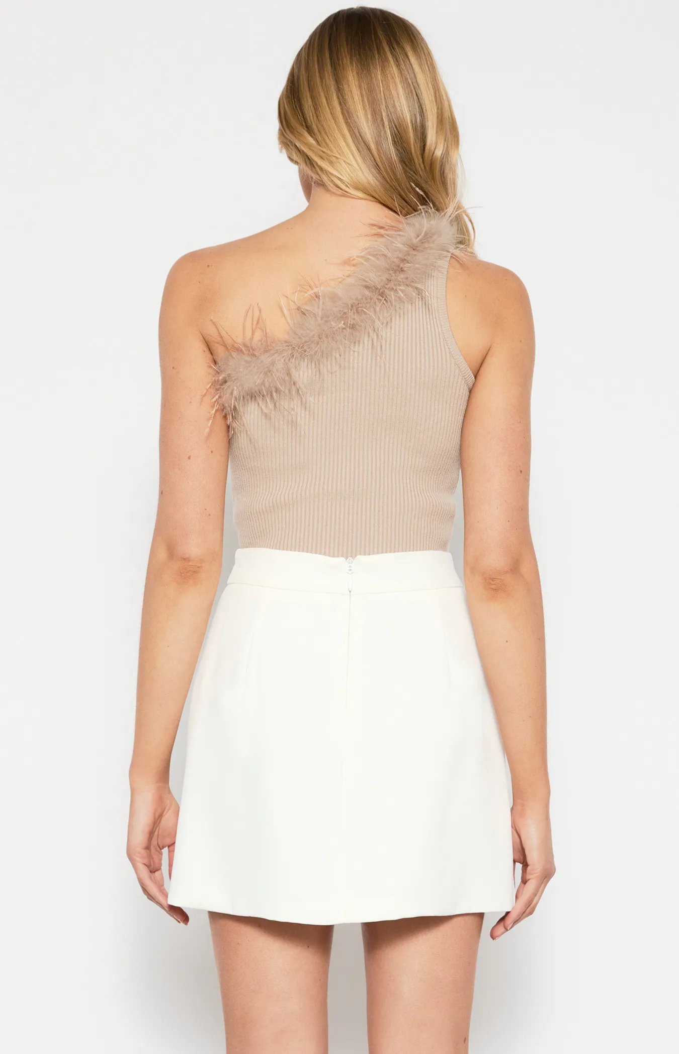 One Shoulder Feather Trim Neckline Knit Top (WKN639)