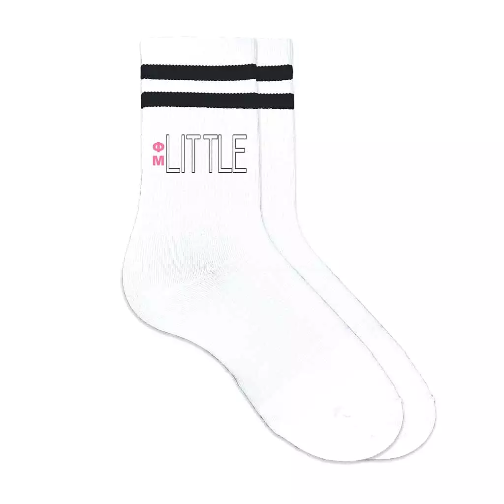 Phi Mu Sorority Socks for your Big and Little with Greek Letters on Striped Cotton Crew Socks