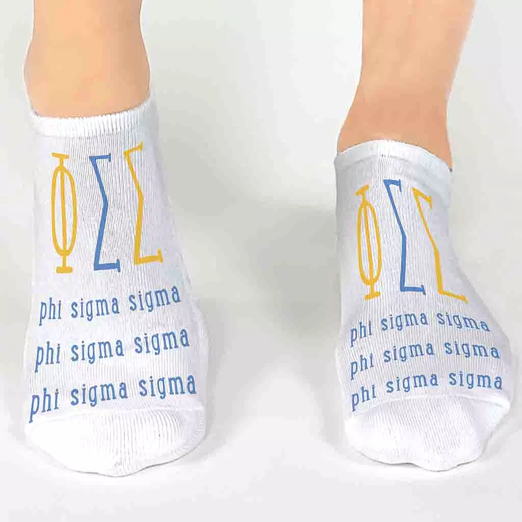 Phi Sigma Sigma Sorority Socks with Large Greek Letters, Printed on No Show Socks