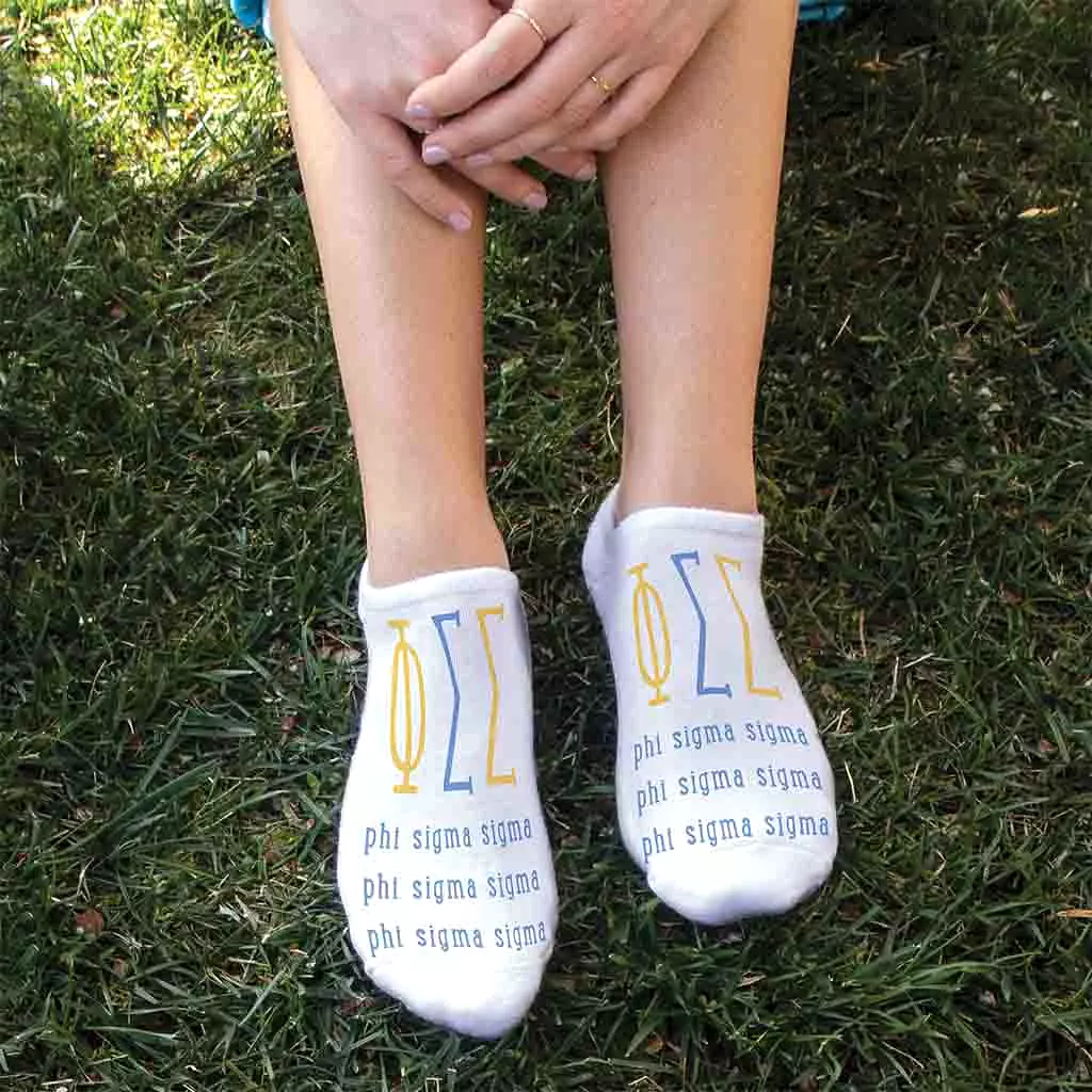 Phi Sigma Sigma Sorority Socks with Large Greek Letters, Printed on No Show Socks