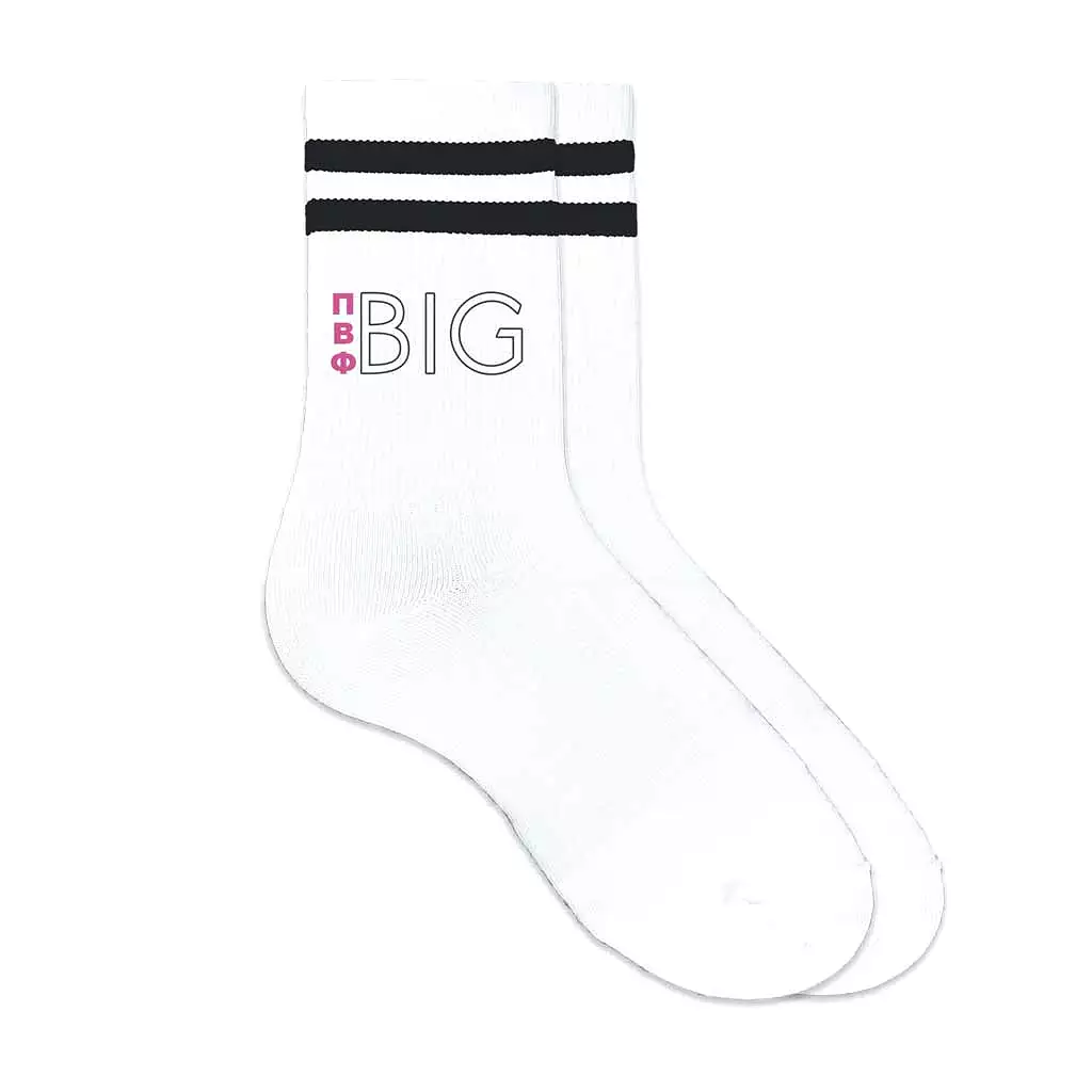 Pi Beta Phi Sorority Socks for your Big and Little with Greek Letters on Striped Cotton Crew Socks