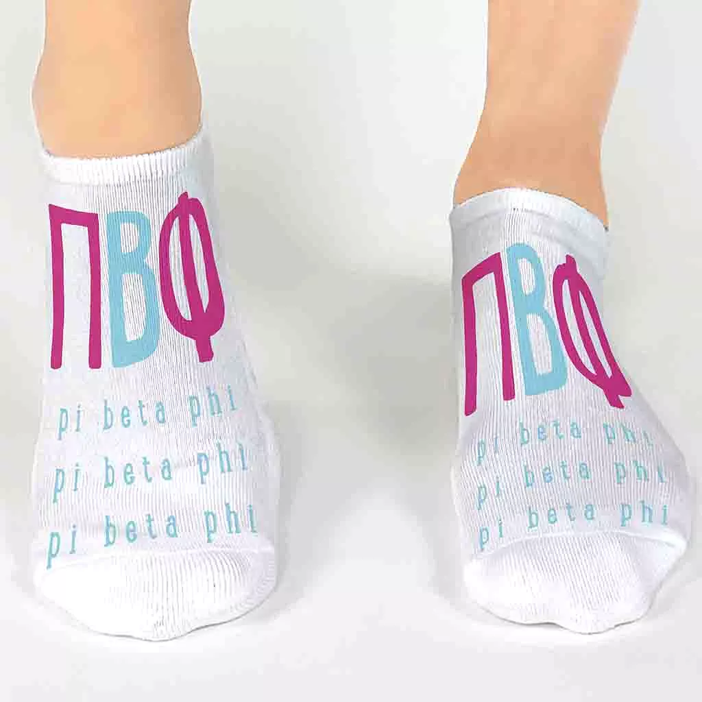 Pi Beta Phi Sorority Socks with Large Greek Letters, Printed on No Show Socks