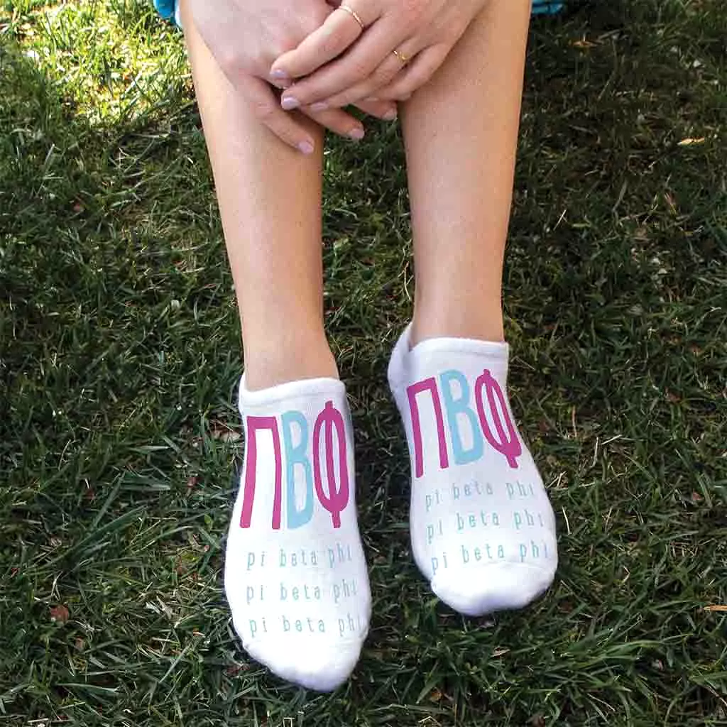 Pi Beta Phi Sorority Socks with Large Greek Letters, Printed on No Show Socks