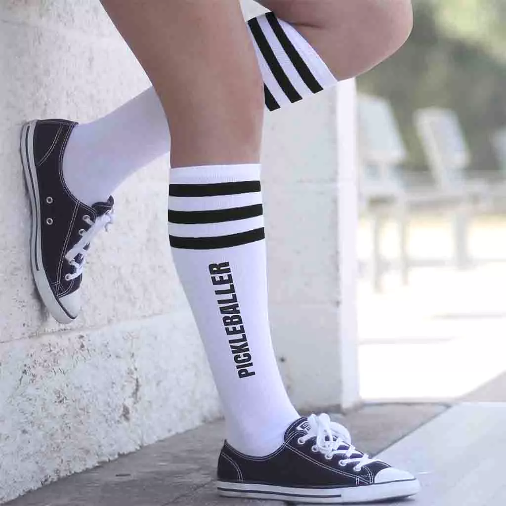 Pickleballer Cotton Knee High Socks with Stripes