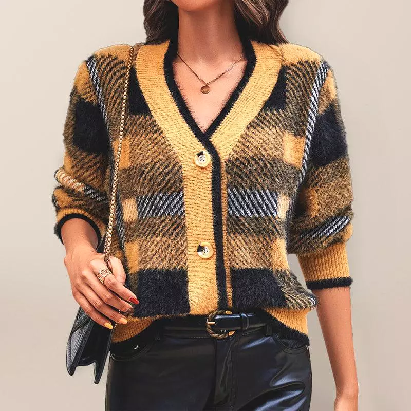 Plaid Button Women Cardigan Sweater