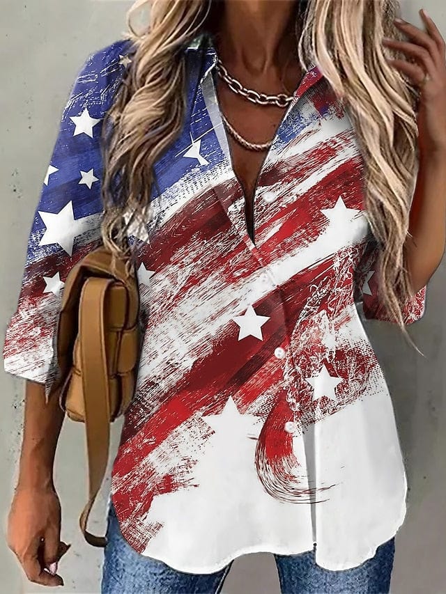 Red USA National Flag Print Women's Long Sleeve Blouse