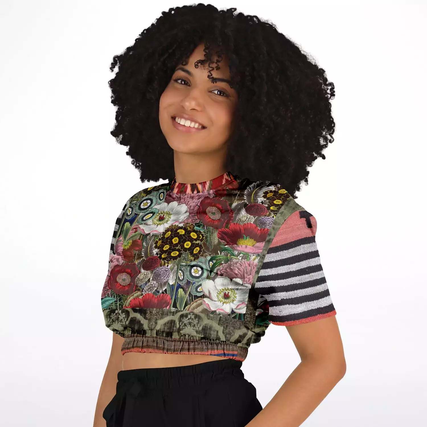 Remembering Woodstock Floral Short Sleeve Cropped Eco-Poly Sweater