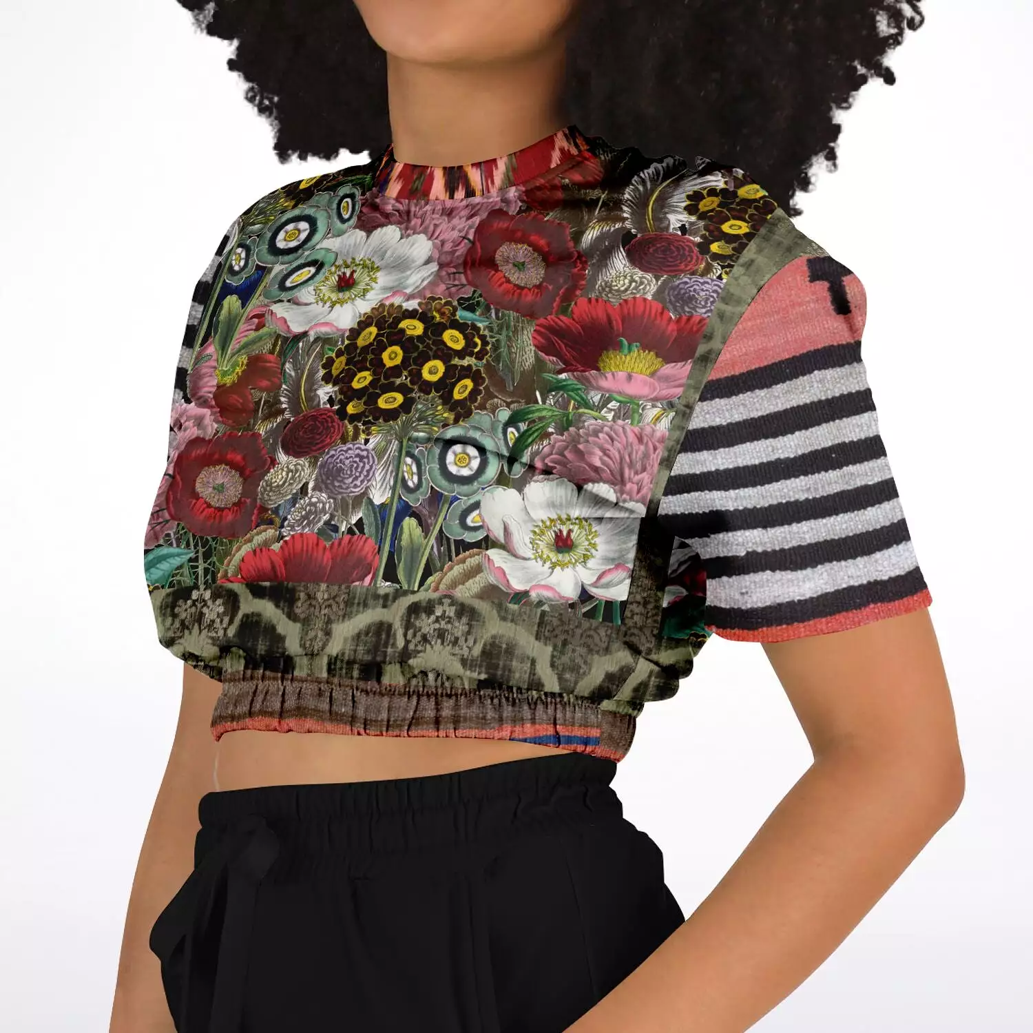 Remembering Woodstock Floral Short Sleeve Cropped Eco-Poly Sweater