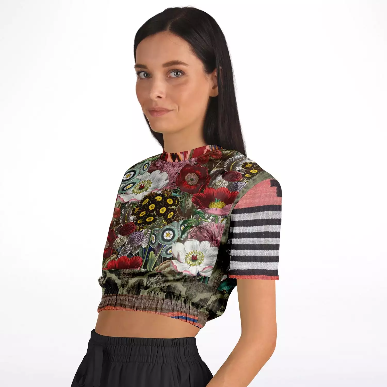 Remembering Woodstock Floral Short Sleeve Cropped Eco-Poly Sweater