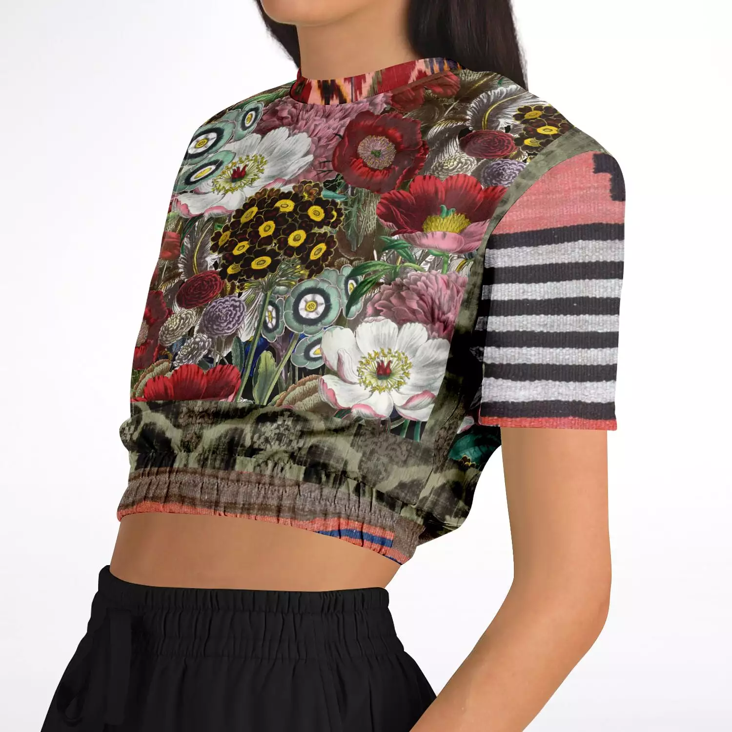 Remembering Woodstock Floral Short Sleeve Cropped Eco-Poly Sweater