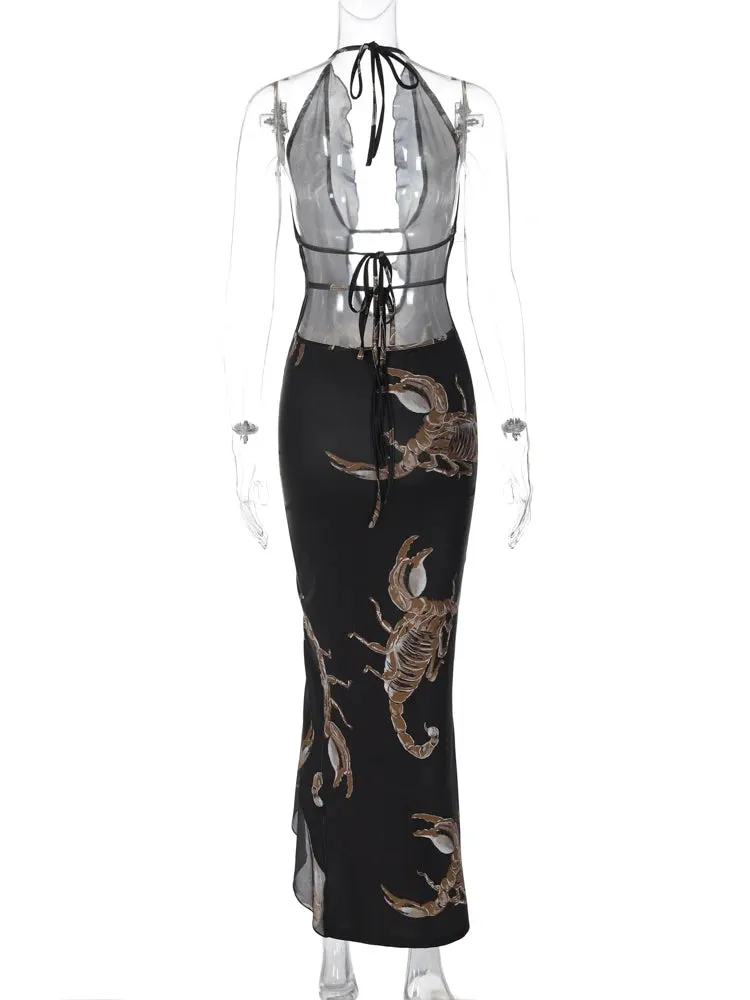 Scorpio Halter Ruffle Backless Print Maxi