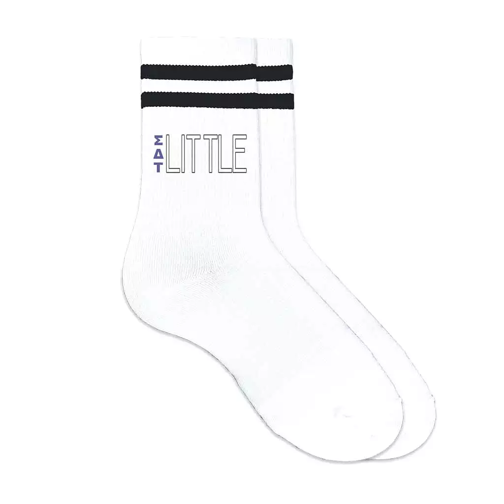 Sigma Delta Tau Sorority Socks for your Big and Little with Greek Letters on Striped Cotton Crew Socks