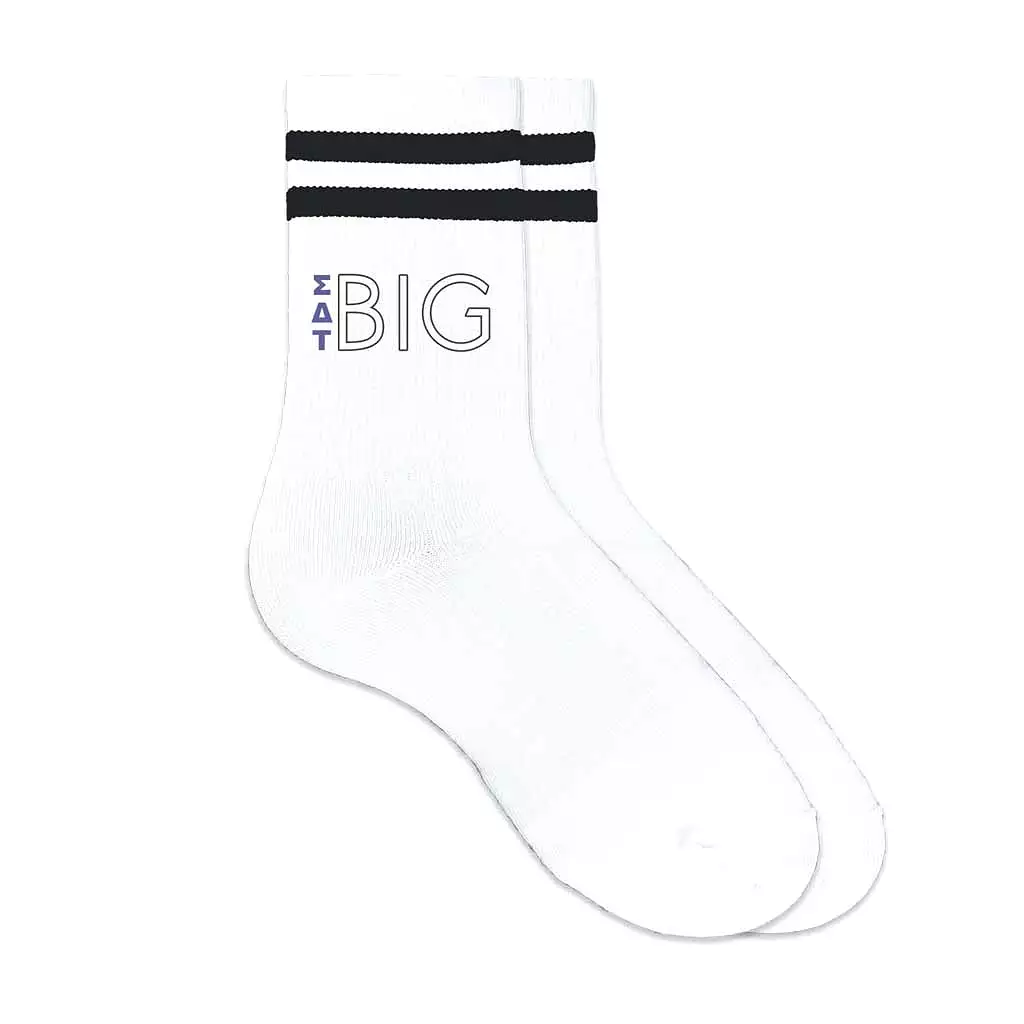 Sigma Delta Tau Sorority Socks for your Big and Little with Greek Letters on Striped Cotton Crew Socks