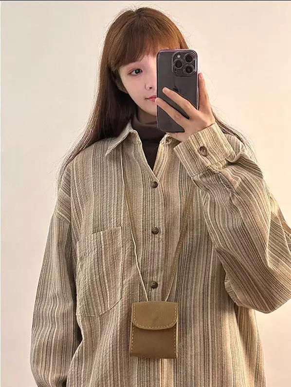 Spring retro striped shirt women's spring and autumn long-sleeved lazy style shirt loose top ins trend