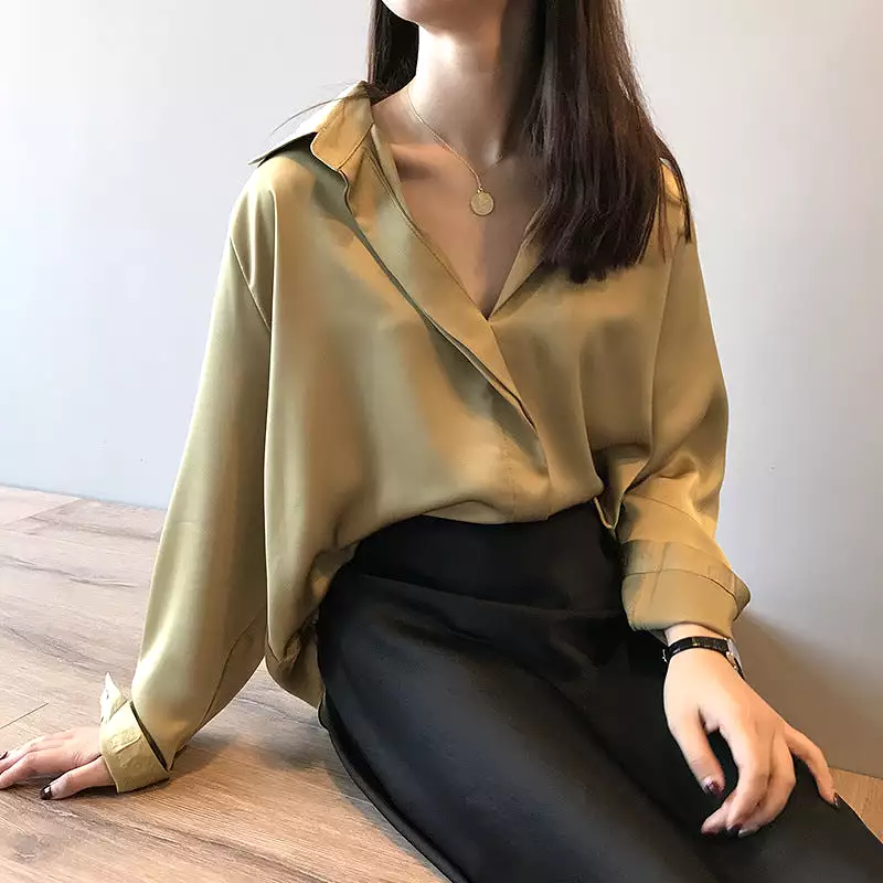 Spring satin shirt women's long-sleeved top