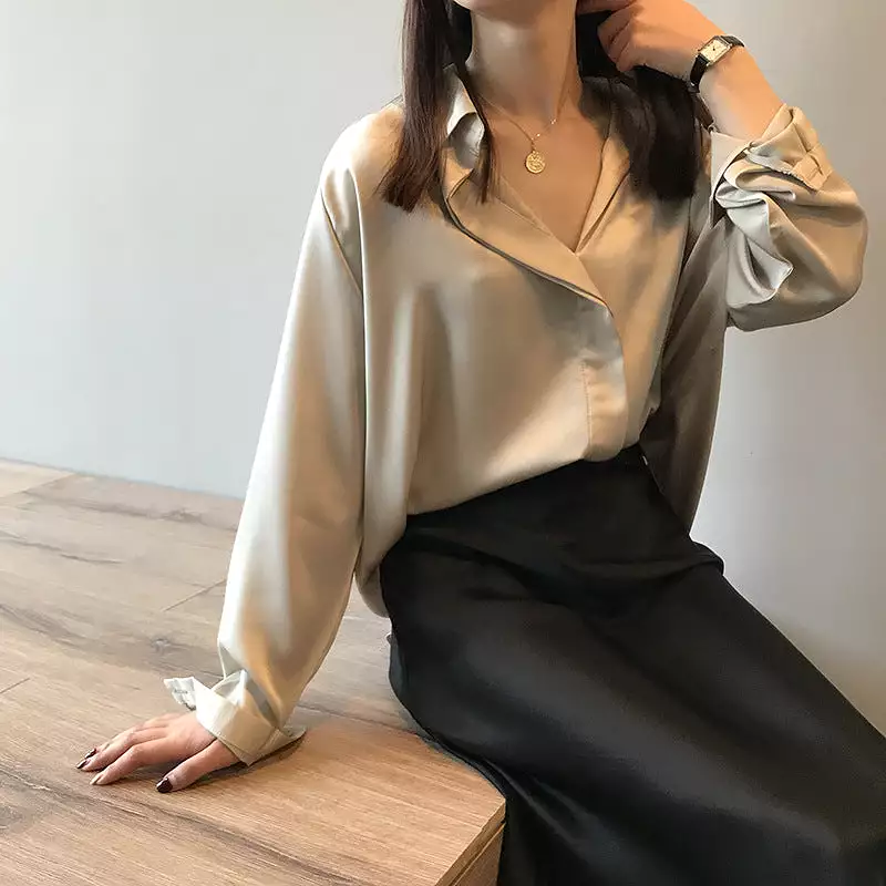 Spring satin shirt women's long-sleeved top