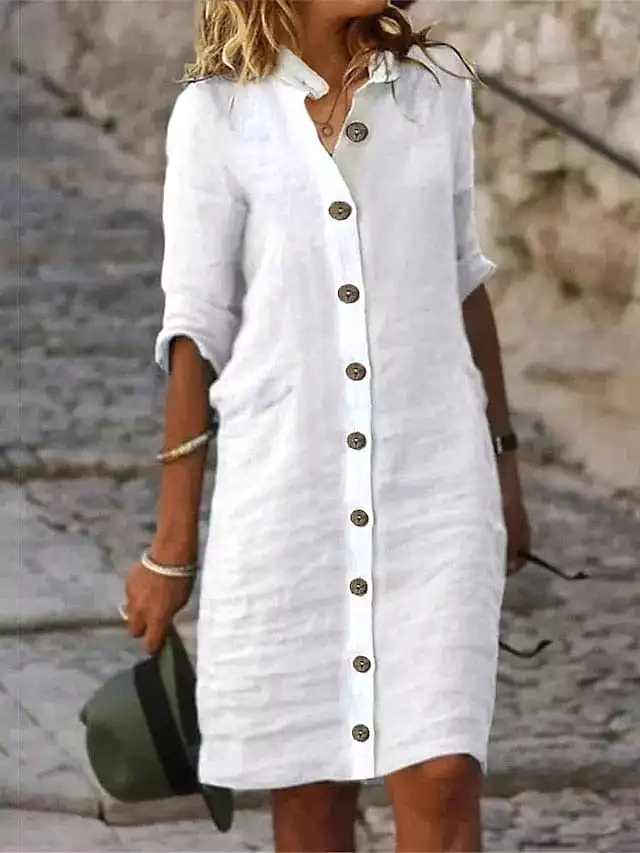 Stylish Women's Cotton Linen Midi Dress with Button-Up Shirt Collar and Half Sleeves