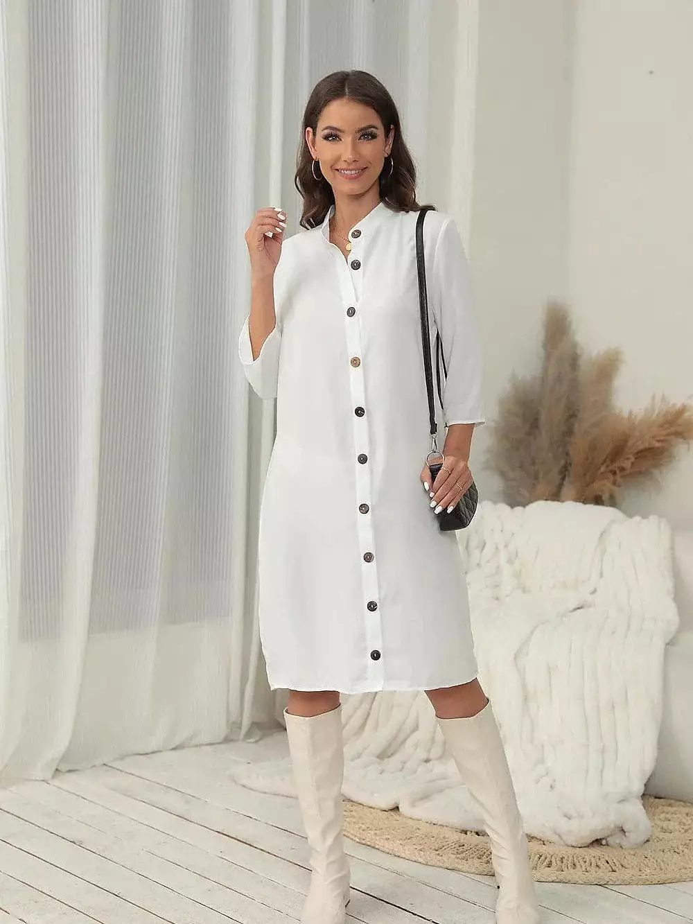 Stylish Women's Cotton Linen Midi Dress with Button-Up Shirt Collar and Half Sleeves