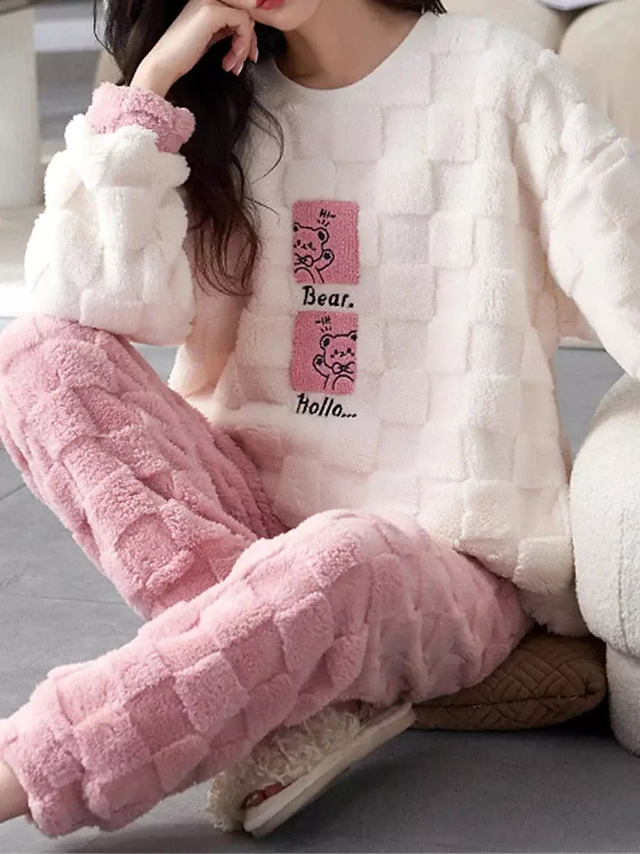 Stylish Women's Cozy Pink Checkered Pajamas Set with Bear Design