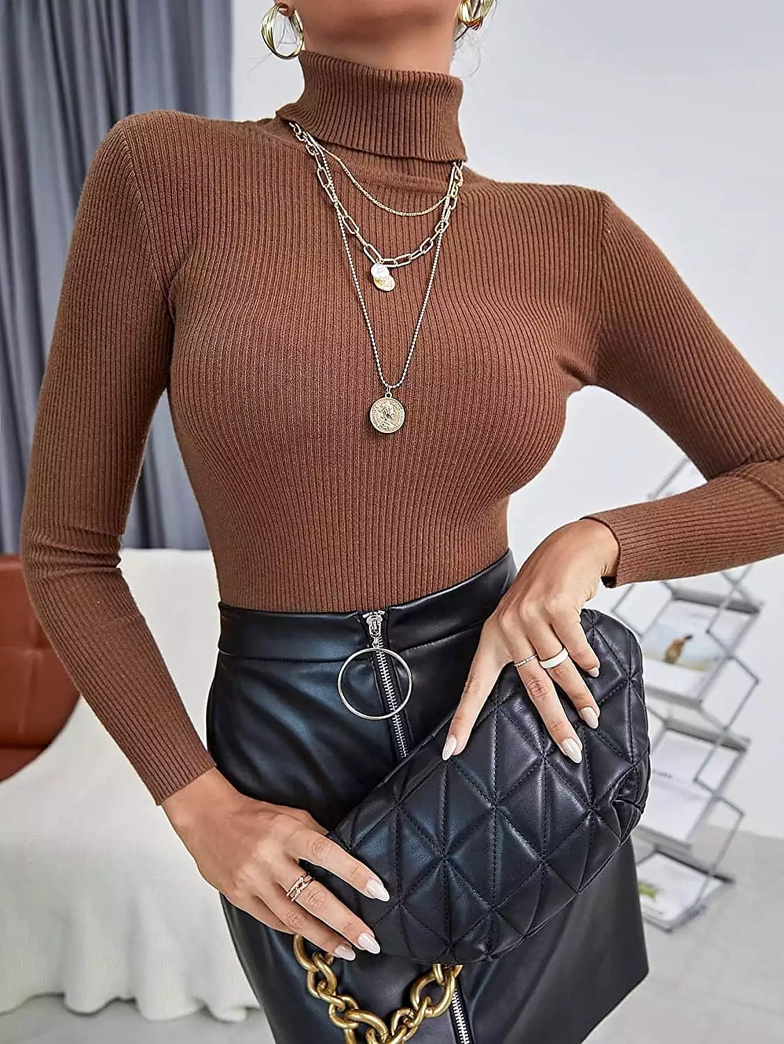 Stylish Women's Turtleneck Ribbed Knit Pullover Sweater