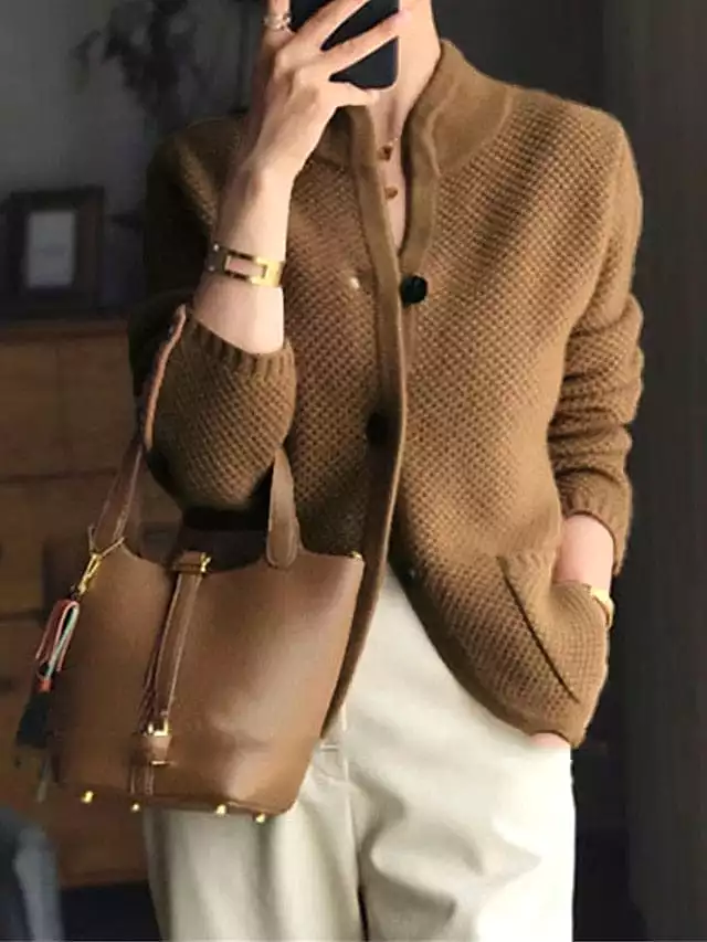 Stylish Women's Waffle Knit Cardigan Sweater with Stand Collar and Button Pocket