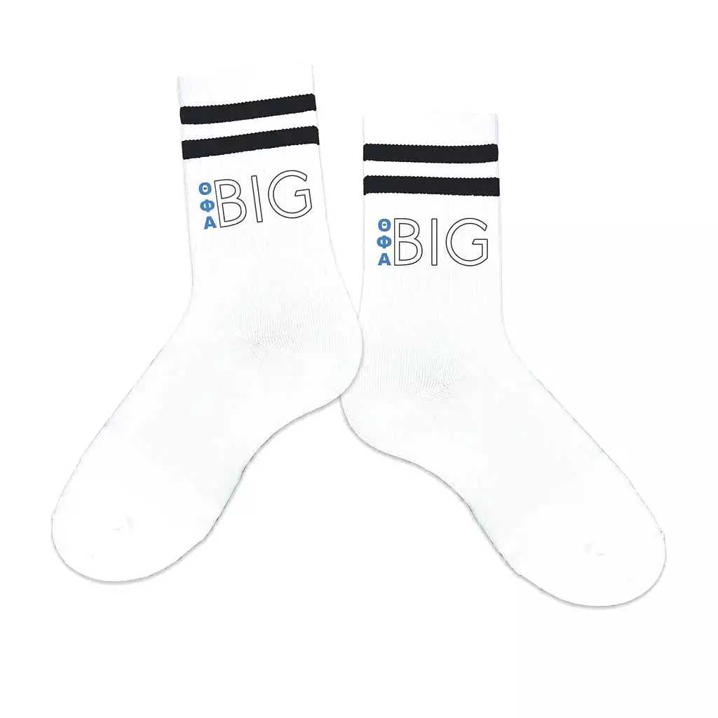 Theta Phi Alpha Sorority Socks for your Big and Little with Greek Letters on Striped Cotton Crew Socks