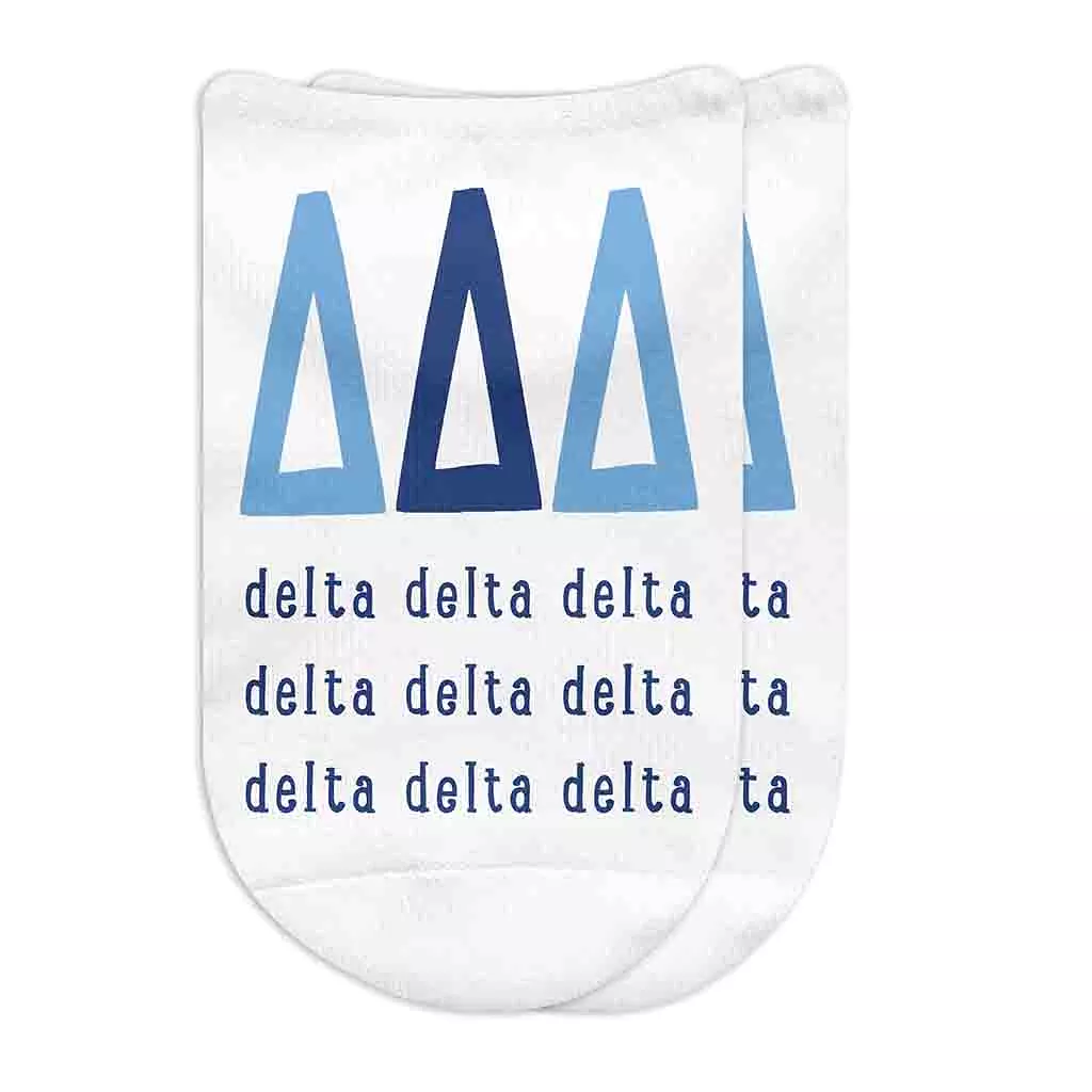 Tri Delta Sorority Socks with Large Greek Letters, Printed on No Show Socks