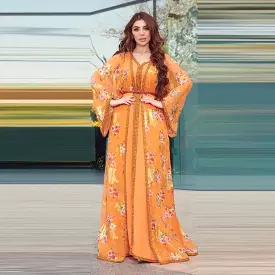 Two Piece Muslim Dress Chiffon Print Belted Kaftan Ramadan Gown Abayas Islamic Cloth Turkish Women Clothes 2XL S4690329