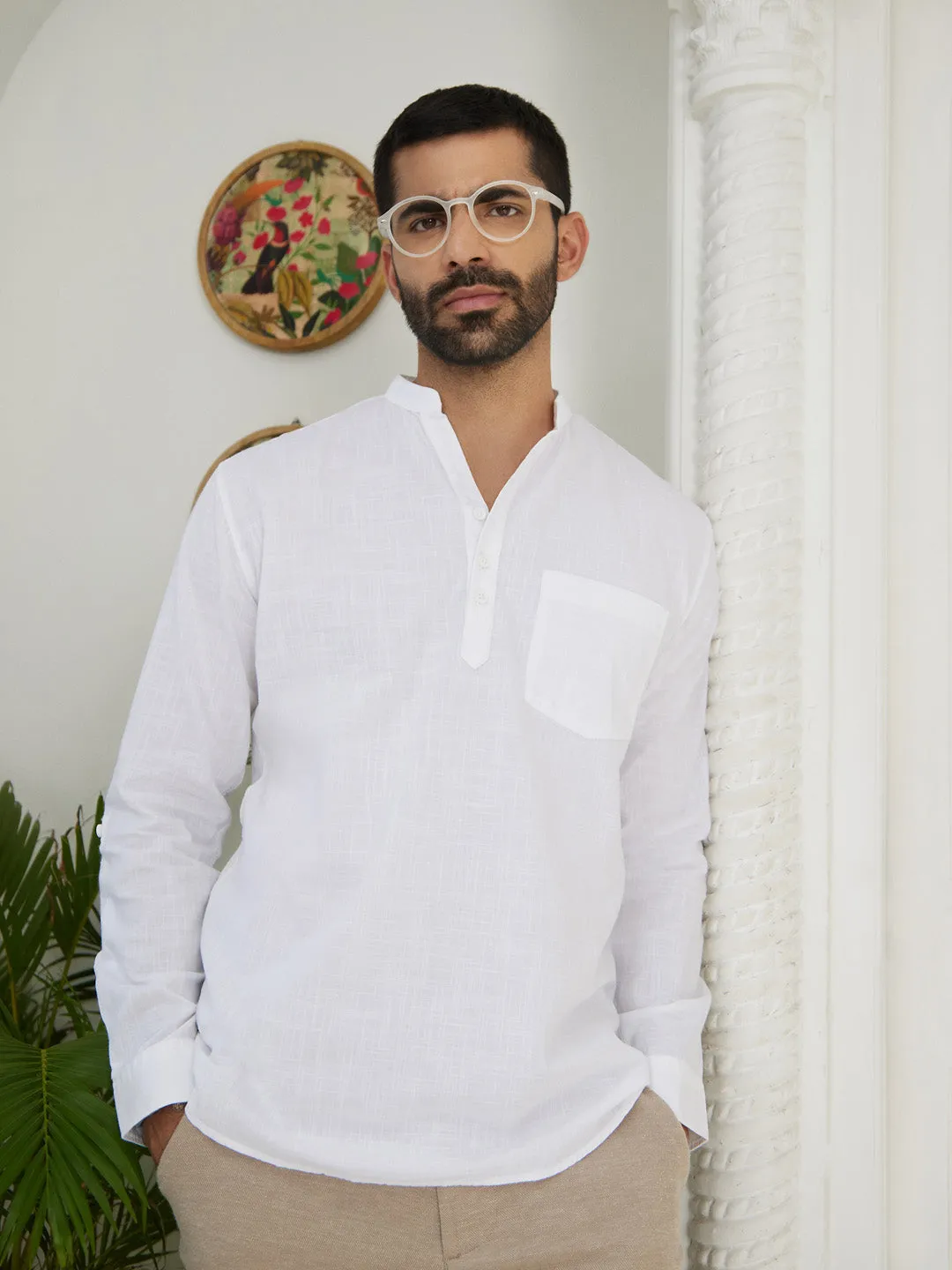 V-Neck Diamond Pocket White Shirt - Vedic